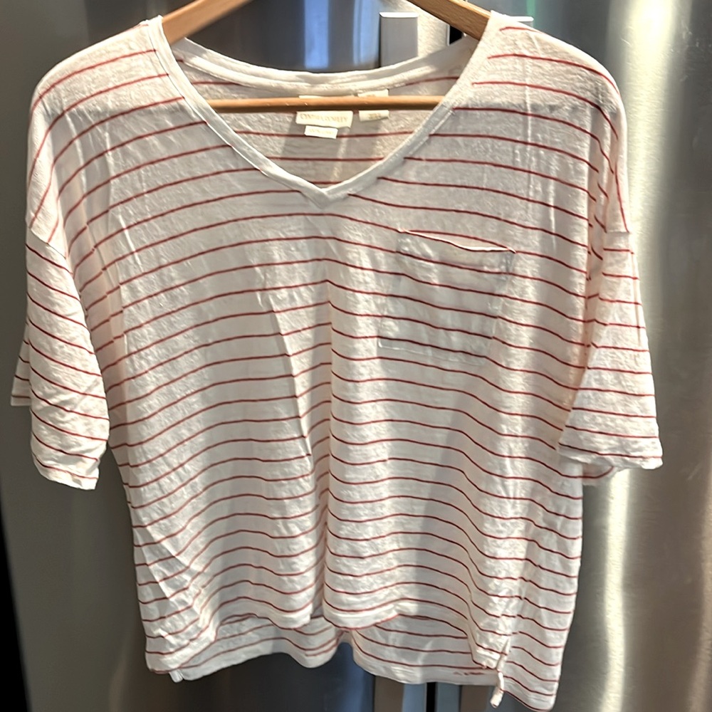 Cynthia Rowley red thin stripes WHITE linen T-shirt V-neck boxy flowy pocket XL